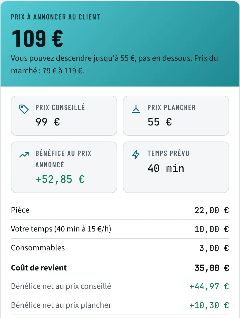 Devis calculé pour un écran d'iPhone 13 : prix de la pièce, temps et prix conseillé